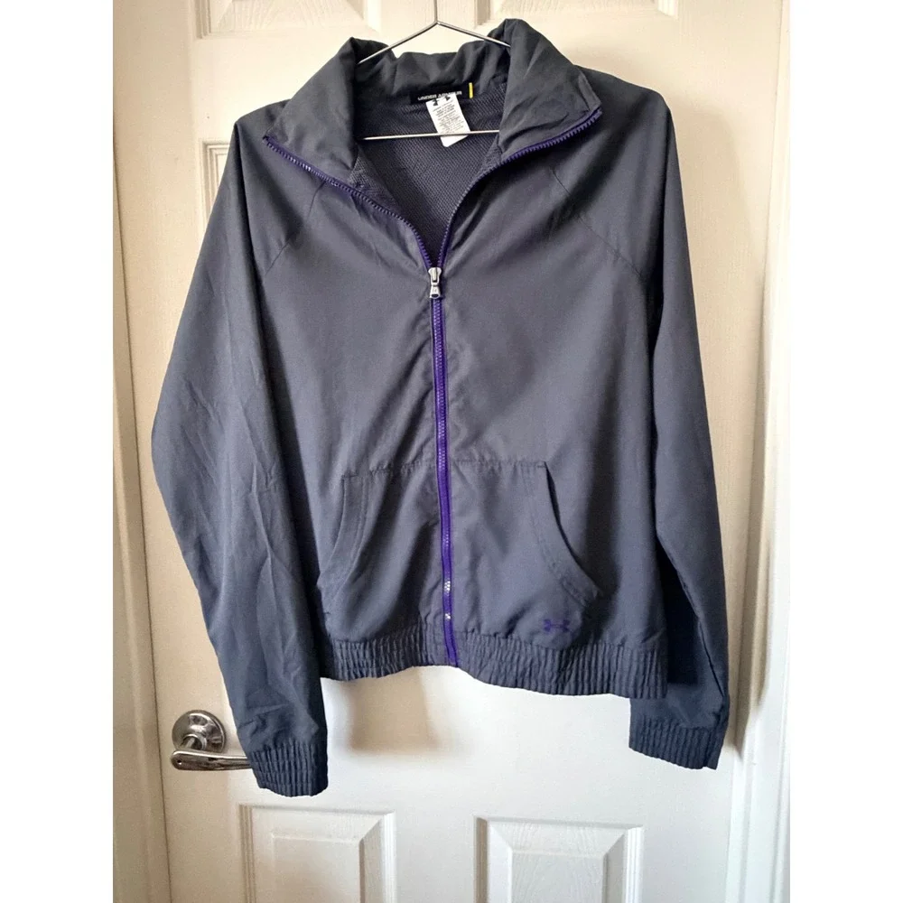 Under Armour‎ Womens Gray Purple Full Zip Windbreaker Mesh Lined Jacket Size M